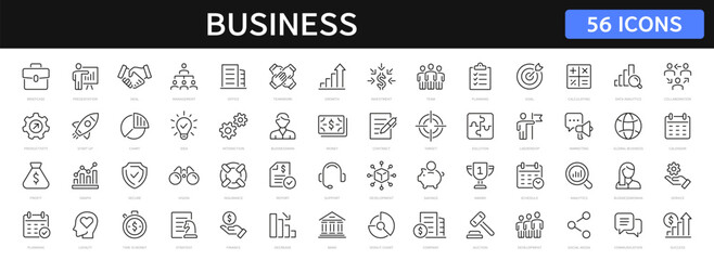 Business thin line icons set. Business and finance editable stroke icon collection. Profit, management, businessman, startup, money, company symbol. Vector - obrazy, fototapety, plakaty