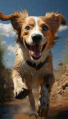 Dog running in mud on a hot summer day with a blue sky
