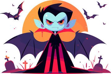Colorful cartoon of a cheeky vampire with flying bats, set against an orange full moon, perfect for Halloween themes.