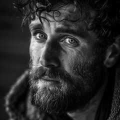 Obraz premium Man, 40 years old, looking into the distance, black and white photo