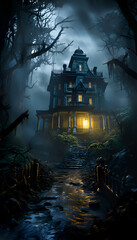 Fototapeta na wymiar Halloween scene with haunted house in foggy forest. 3D rendering