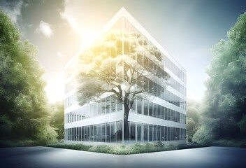 office building with tree for reducing  carbon dioxide - obrazy, fototapety, plakaty
