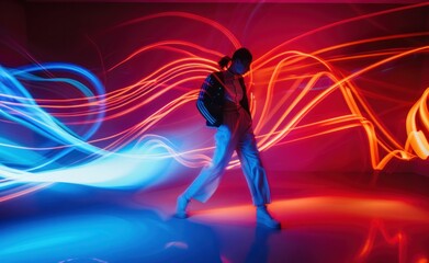 Person standing in colorful light waves emitting from walls in front of room