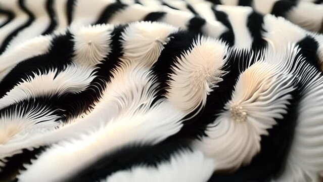 Zebra fur soft moving around. Simple zebra print motion background. This black and white striped animal print background animation 4k video. Abstract background texture black and white