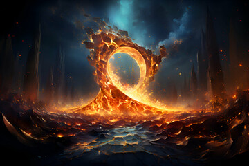 Fiery hole in the ground. 3D illustration. Fantasy.