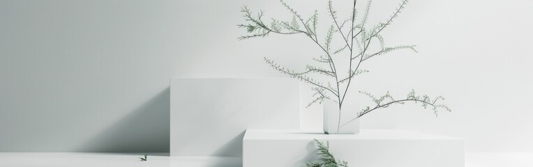 White vase with plant on white surface next to cube in minimalist interior setting