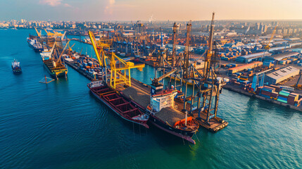 Lifting cargo cranes ship and grain dryer in Sea Port - obrazy, fototapety, plakaty