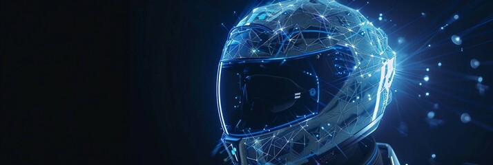 digital blue hologram a motorcycle helmet with data streams, ai in rider safety systems, hazard detection algorithms, route navigation assistance, and communication interfaces.
 - obrazy, fototapety, plakaty