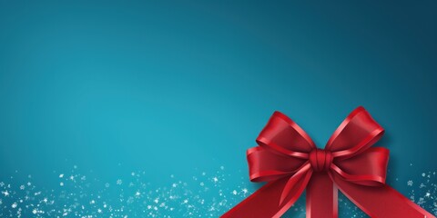 Red ribbon with bow on blue background, Christmas card concept. Space for text. Red and Blue Background