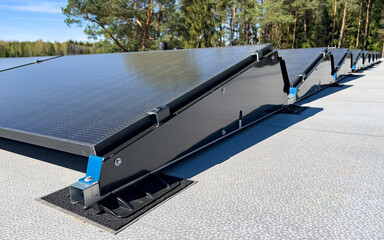 Photovoltaic Mounting System for Flat Roof. Mounting Structure for Solar PV Power Plant. Residential Flat Roofing System. - obrazy, fototapety, plakaty