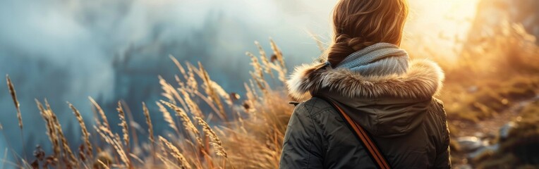 Serenity in the Snow A woman in a winter coat enjoying the sunset view of river and mountains from a hill