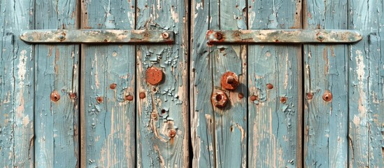 Detailed close-up of a wooden door showing signs of rust and peeling paint. The texture is worn and aged, adding character to the weathered door. - obrazy, fototapety, plakaty