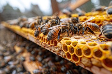 Detailed Close-up of Bees Collecting Nectar Inside the Hive, Highlighting the Concept of Pollination and Nature's Balance.