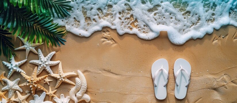 Pair of white flip flops resting on sandy beach.