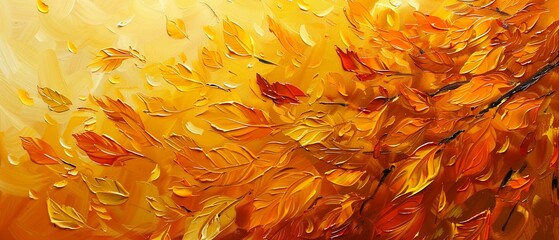 Serene abstract autumn, leaves painted with palette knife, vibrant orange and yellow background, oil, shimmering highlights