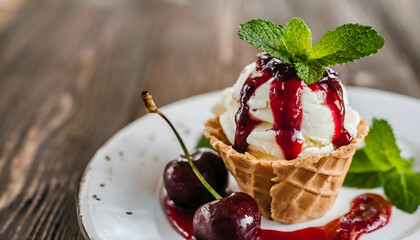 waffle cones ice cream with cherry sauce and mint leaves
