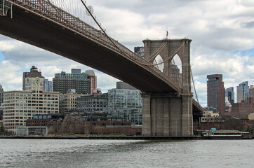 brooklyn bridge detail (suspension over east river in new york city) nyc tourist destination...