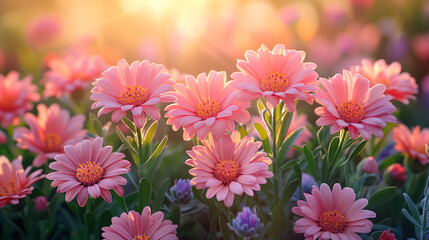 Pink daisies bloom vibrantly under a golden sunrise, with soft sunlight filtering through the petals.