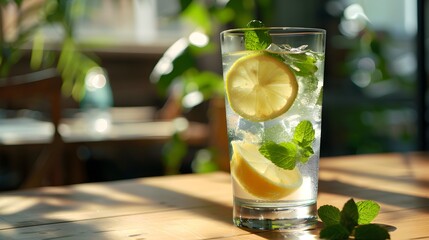 Front view of a glass of water with a slice of lemon or lime on the table decorated with mint