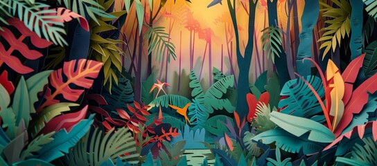 Fototapeta na wymiar A vibrant paper cut masterpiece, Amazon Rainforest highlighting the biodiversity of Brazil