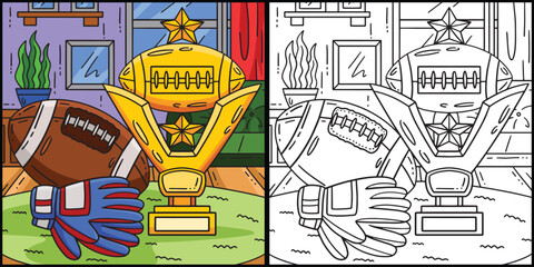American Football and Trophy Coloring Illustration