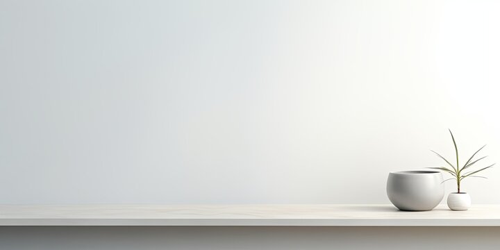 Photo of a modern minimal abstract background, an empty table top in a light white color with a soft shadow and copy space for product display
