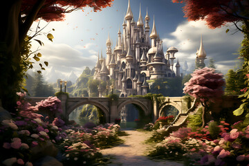 Magic Fairy Tale Princess Castle in fantasy garden. Digital painting. 3D illustration