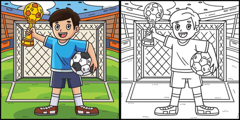Boy with Soccer Trophy Coloring Illustration