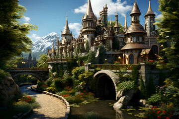 Fantasy landscape with fairytale castle and bridge. 3D rendering - obrazy, fototapety, plakaty