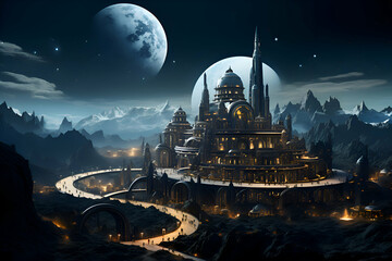 Fantasy landscape with planet and city. 3d render illustration.