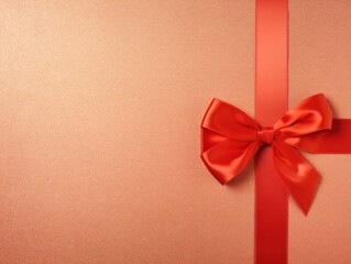 Red ribbon with bow on coral background, Christmas card concept. Space for text. Red and Coral Background