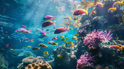 Fish school seen underwater near coral reef.