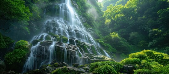 A powerful waterfall flowing down rocky cliffs in the midst of a dense, green forest.