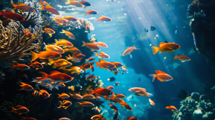 Fototapeta na wymiar Fish school seen underwater near coral reef.