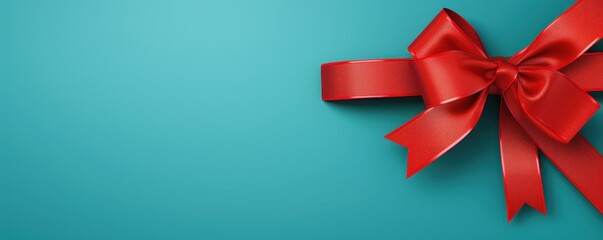 Red ribbon with bow on cyan background, Christmas card concept. Space for text. Red and Cyan Background