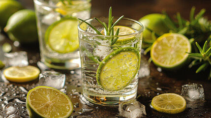 Cocktail with lime, rosemary and ice on dark background