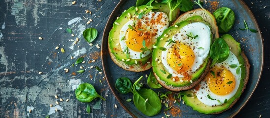 A plate featuring slices of ripe avocado and perfectly cooked eggs on top of toast, creating a delicious and nutritious breakfast option.