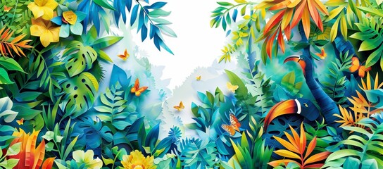 Fototapeta na wymiar A vibrant paper cut masterpiece, Amazon Rainforest highlighting the biodiversity of Brazil