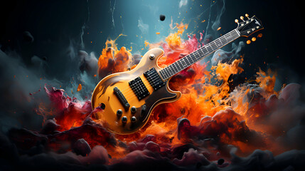 Obraz premium Electric guitar in fire flames on black background. 3d illustration.