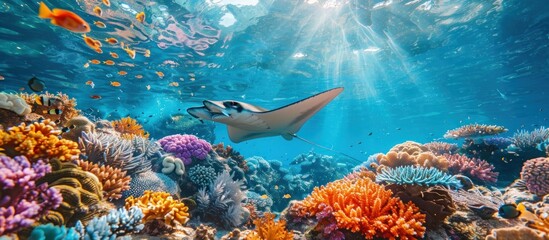 A manta ray gracefully glides over a vibrant coral reef in the ocean.