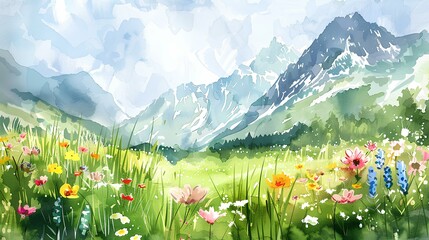 Fototapeta premium Watercolor painting alpine meadow in the mountains