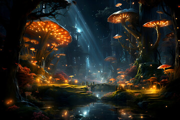 Fantasy landscape with mushrooms in a dark forest. 3D rendering