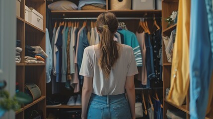 Woman in her closet wardrobe room, trying to decide what to wear and searching clothes
