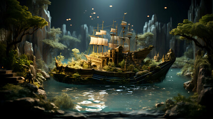 3D rendering of a fantasy fantasy landscape with a pirate ship. - obrazy, fototapety, plakaty