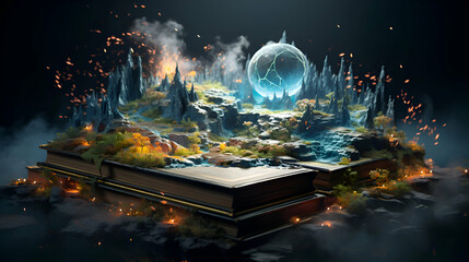 Fantasy landscape with fantasy planet and fire. 3d illustration.