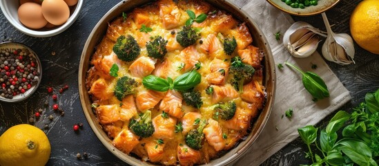 A casserole dish filled with a delicious mix of salmon and broccoli, surrounded by various other ingredients, placed on a wooden table. - obrazy, fototapety, plakaty