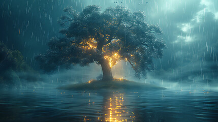 tree in the forest with thunder storm and rain