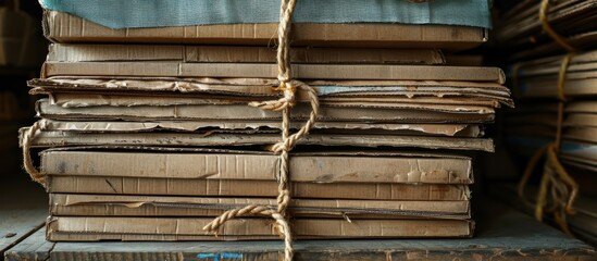 A collection of weathered books piled on top of each other, secured with twine bindings.
