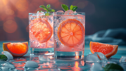 Cocktail with orange, mint and ice on a blue background