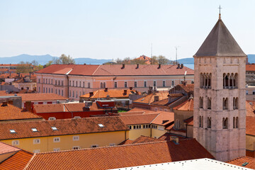 Aerial view of the Bell tower of the Church of St. Mary in Zadar - obrazy, fototapety, plakaty